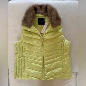 Talbots Lemon Lime Down Vest with Brown Faux Fur Removeable Collar
